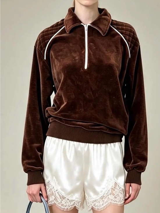 Tops - Vintage velvet Velour Half Zip Pullover 70s velvet Streetwear Quiet Luxury Brown